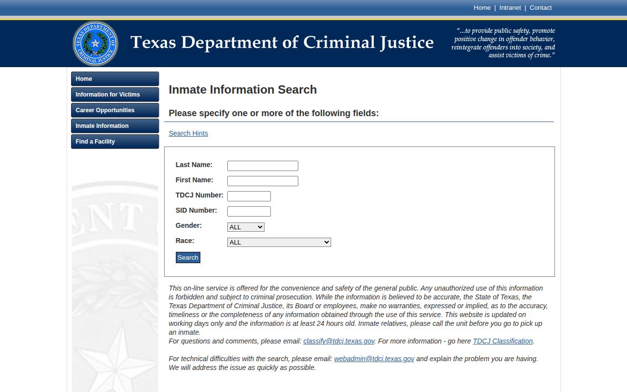 TDCJ inmate search fields and current-custody notice