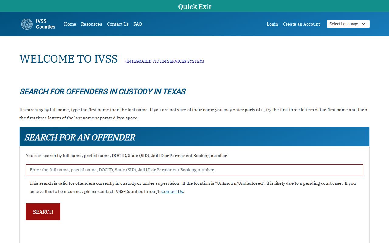 Uvalde County VINE inmate check IVSS Counties search form